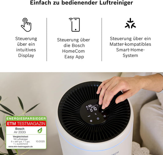 Bosch Air 2000i App-gesteuerter Luftreiniger - Für Räume bis zu 37,5 m² - Entfernt Schadstoffe - Mit 3-in-1 Luftfilter, Smart Sensor, Automatikmodus, Ruhemodus (< 25 dB(A)) - CADR: 180 m³/h