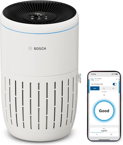 Bosch Air 2000i App-gesteuerter Luftreiniger - Für Räume bis zu 37,5 m² - Entfernt Schadstoffe - Mit 3-in-1 Luftfilter, Smart Sensor, Automatikmodus, Ruhemodus (< 25 dB(A)) - CADR: 180 m³/h