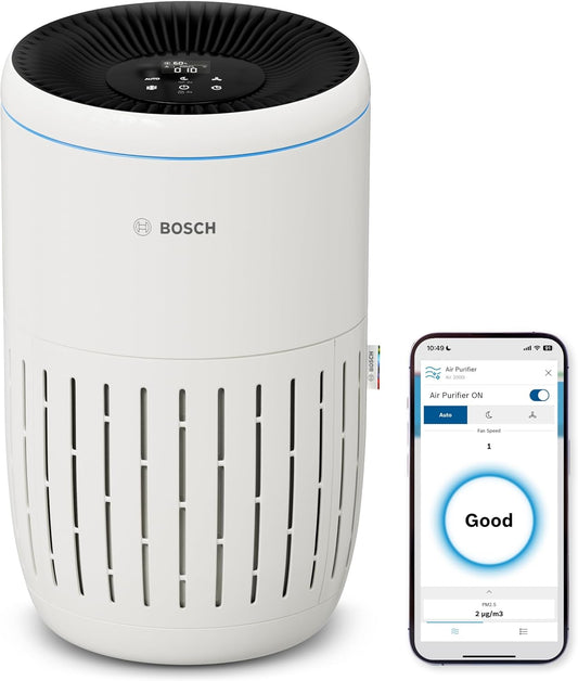 Bosch Air 2000i App-gesteuerter Luftreiniger - Für Räume bis zu 37,5 m² - Entfernt Schadstoffe - Mit 3-in-1 Luftfilter, Smart Sensor, Automatikmodus, Ruhemodus (< 25 dB(A)) - CADR: 180 m³/h
