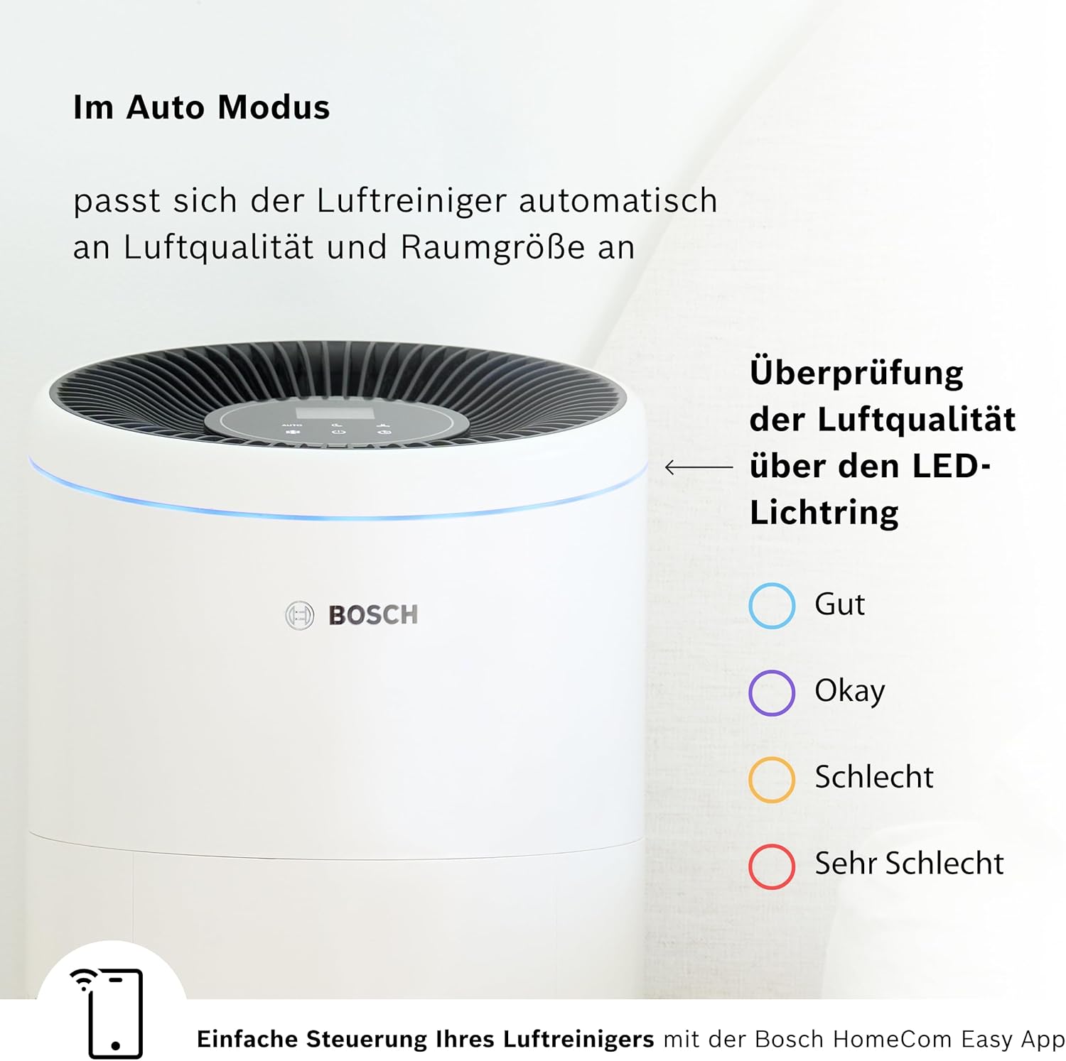Bosch Air 6000i App-gesteuerter Luftreiniger - Für Räume bis zu 125 m² - Entfernt Schadstoffe - Mit 4-in-1 Luftfilter, Smart Sensor, Automatikmods, Ruhemodus (< 25 dB(A)) - CADR: 600 m³/h