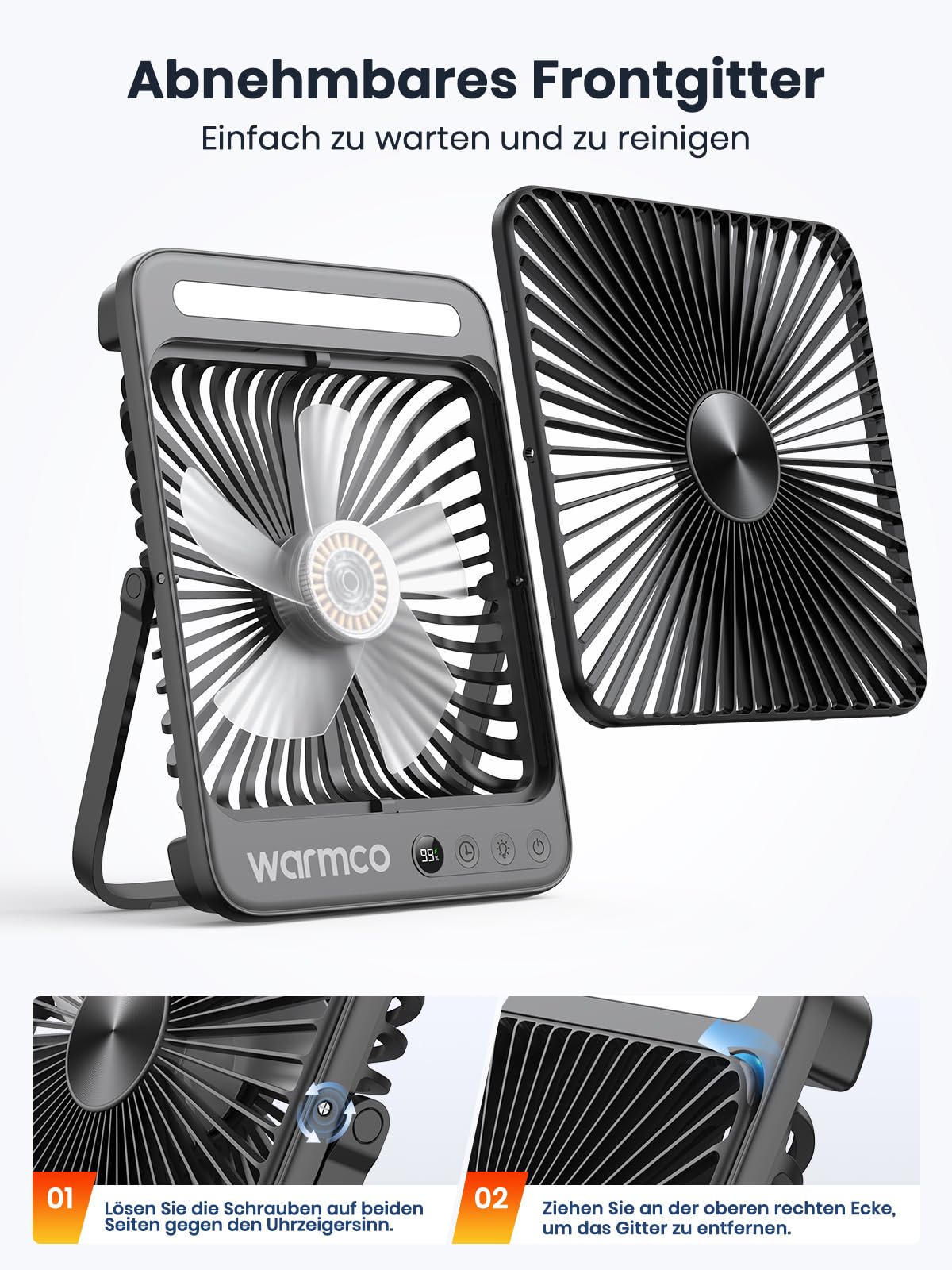 Warmco D4 Pro Akku Ventilator 20000mAh, Camping Tischventilator leise, 18W Laden, 22,5W Ausgang