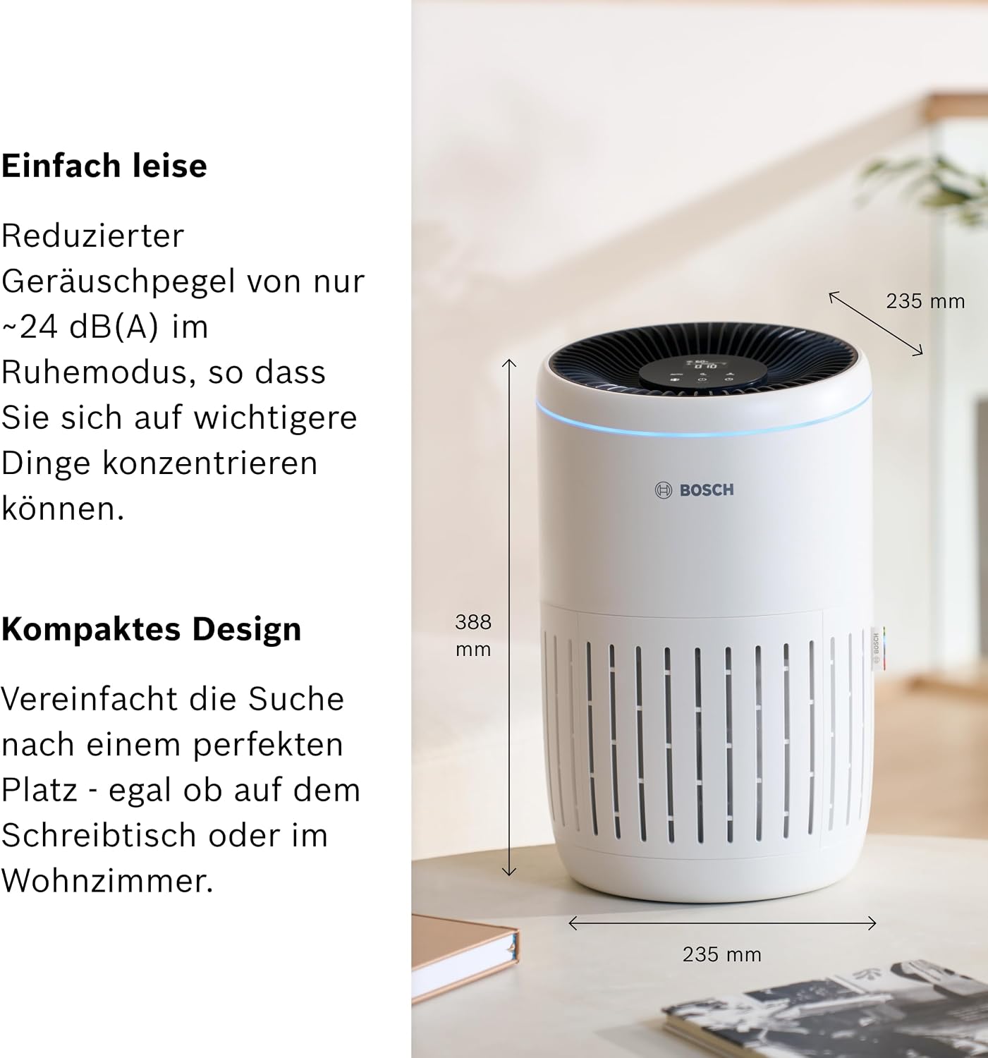 Bosch Air 2000i App-gesteuerter Luftreiniger - Für Räume bis zu 37,5 m² - Entfernt Schadstoffe - Mit 3-in-1 Luftfilter, Smart Sensor, Automatikmodus, Ruhemodus (< 25 dB(A)) - CADR: 180 m³/h