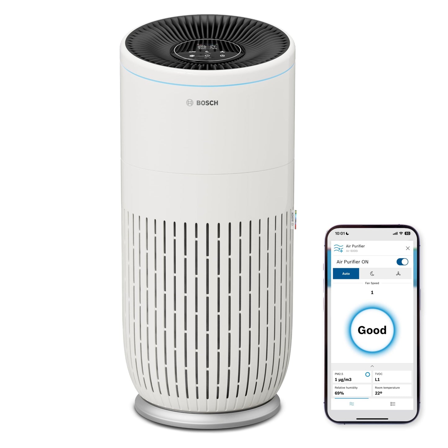 Bosch Air 2000i App-gesteuerter Luftreiniger - Für Räume bis zu 37,5 m² - Entfernt Schadstoffe - Mit 3-in-1 Luftfilter, Smart Sensor, Automatikmodus, Ruhemodus (< 25 dB(A)) - CADR: 180 m³/h