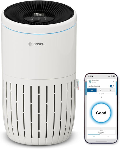 Bosch Air 4000i App-gesteuerter Luftreiniger - Für Räume bis zu 62,5 m² - Entfernt Schadstoffe - Mit 3-in-1 Luftfilter, Smart Sensor, Automatikmodus, Ruhemodus (< 25 dB(A)) - CADR: 300 m³/h