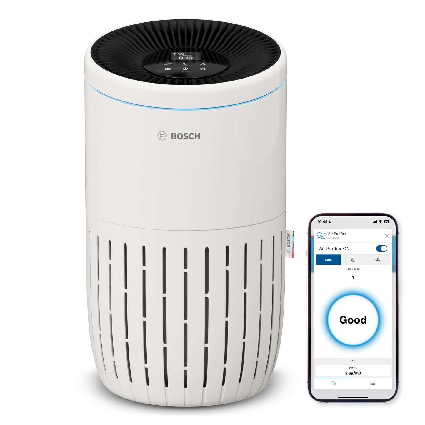 Bosch Air 6000i App-gesteuerter Luftreiniger - Für Räume bis zu 125 m² - Entfernt Schadstoffe - Mit 4-in-1 Luftfilter, Smart Sensor, Automatikmods, Ruhemodus (< 25 dB(A)) - CADR: 600 m³/h