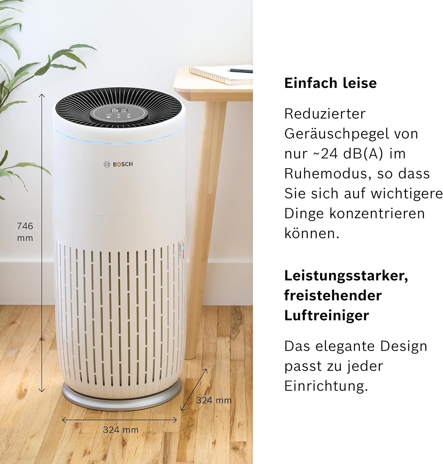 Bosch Air 6000i App-gesteuerter Luftreiniger - Für Räume bis zu 125 m² - Entfernt Schadstoffe - Mit 4-in-1 Luftfilter, Smart Sensor, Automatikmods, Ruhemodus (< 25 dB(A)) - CADR: 600 m³/h