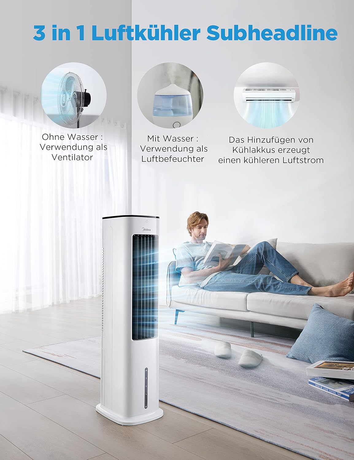 Midea Silent Air Cooler Pro 4-in-1 Mobile Klimaanlage Leiser:Luftkühler,Turmgebläse,Luftbefeuchter und Luftreiniger,mit Fernbedienung,5L Wassertank,355m³/h Luftdurchsatz,55W,LED-Display,Timer,Weiß