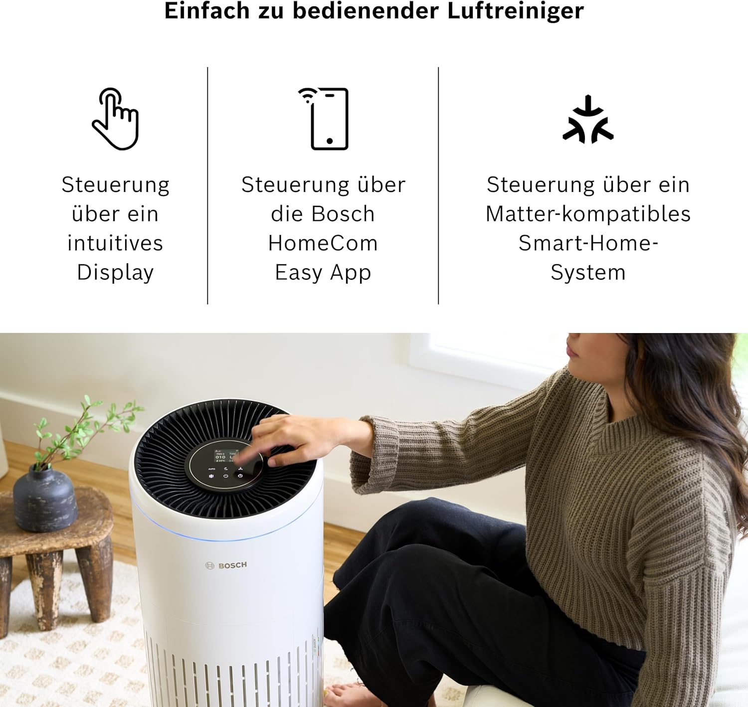 Bosch Air 6000i App-gesteuerter Luftreiniger - Für Räume bis zu 125 m² - Entfernt Schadstoffe - Mit 4-in-1 Luftfilter, Smart Sensor, Automatikmods, Ruhemodus (< 25 dB(A)) - CADR: 600 m³/h