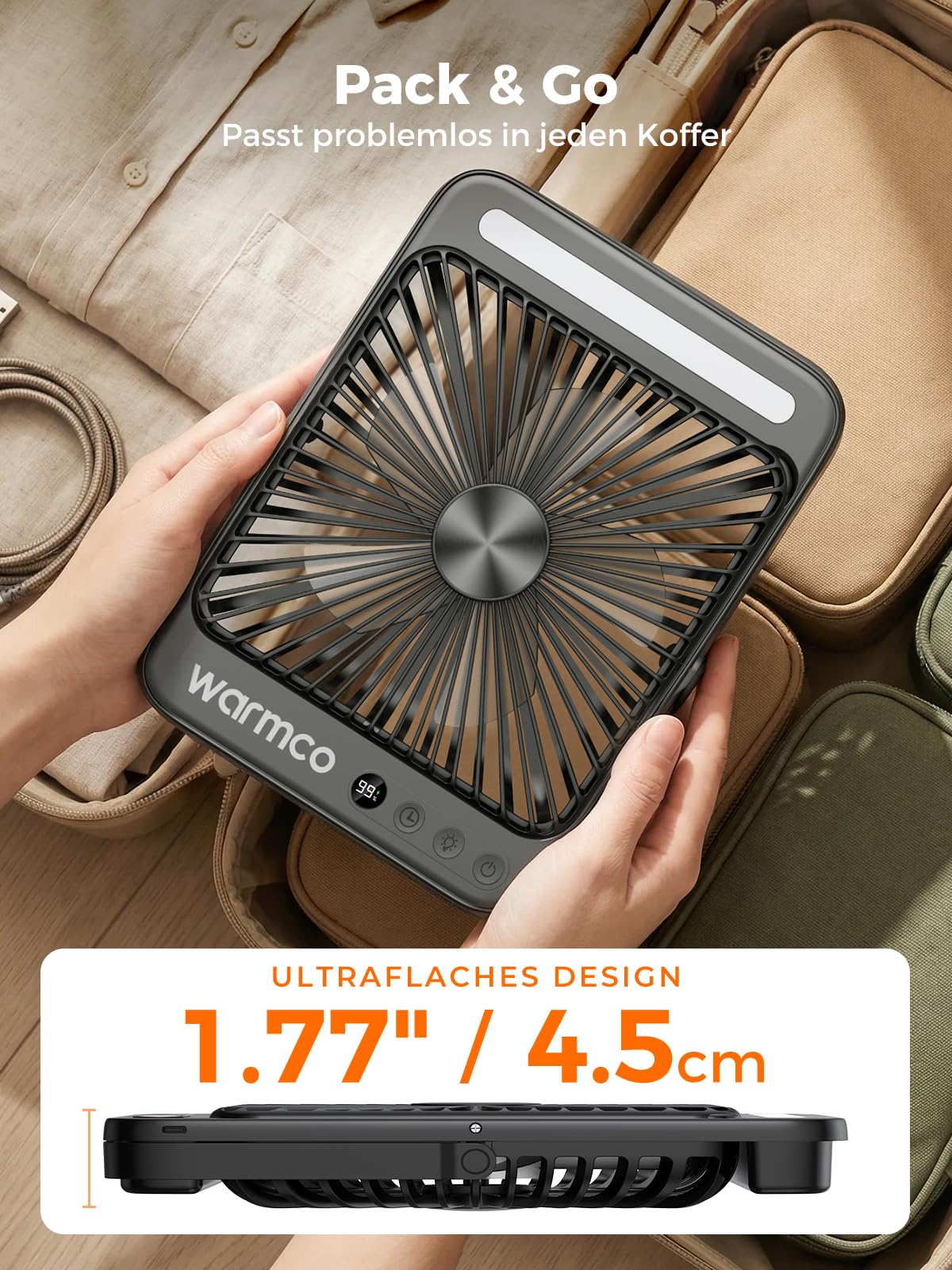 Warmco D4 Pro Akku Ventilator 20000mAh, Camping Tischventilator leise, 18W Laden, 22,5W Ausgang