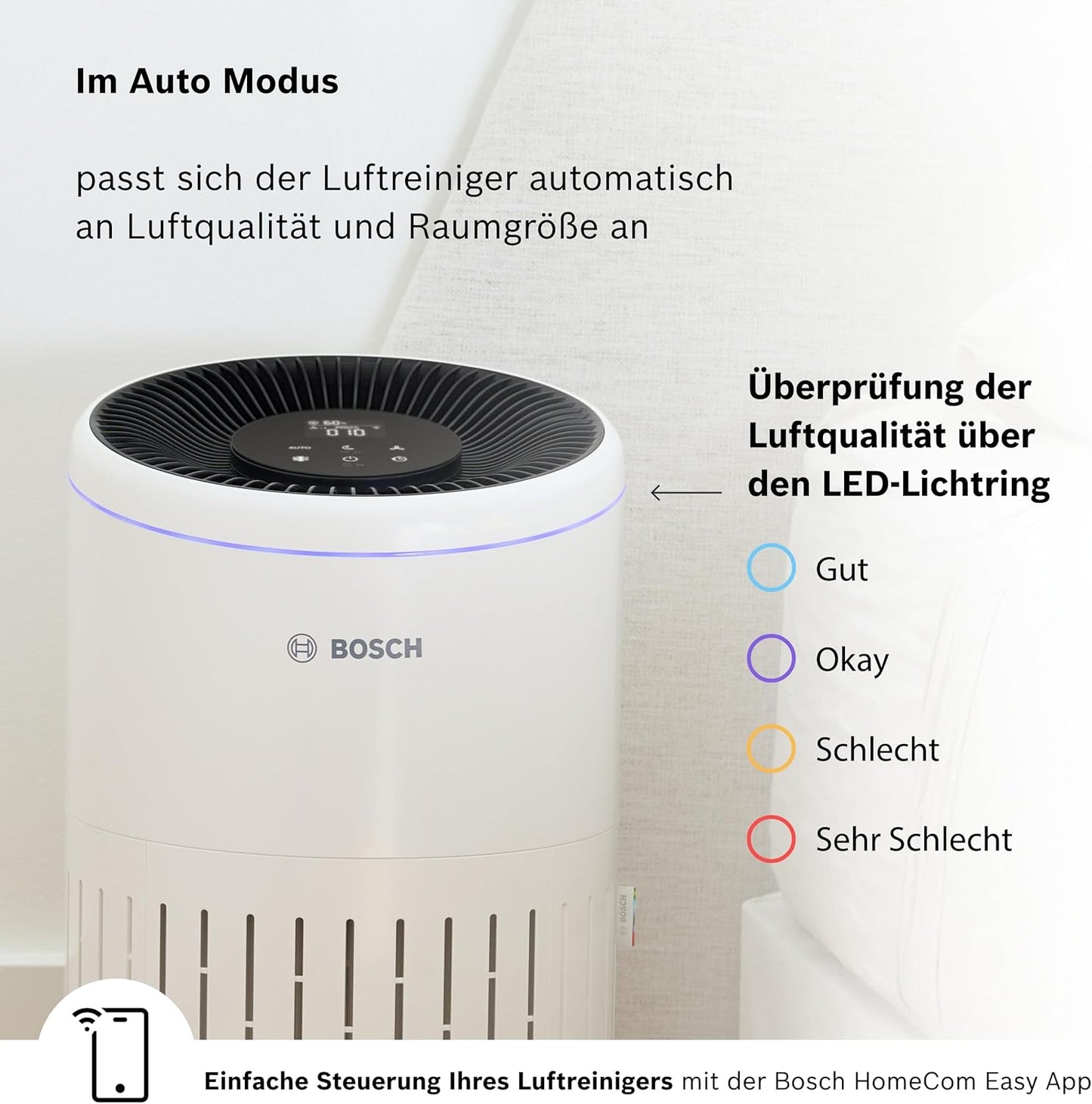 Bosch Air 4000i App-gesteuerter Luftreiniger - Für Räume bis zu 62,5 m² - Entfernt Schadstoffe - Mit 3-in-1 Luftfilter, Smart Sensor, Automatikmodus, Ruhemodus (< 25 dB(A)) - CADR: 300 m³/h