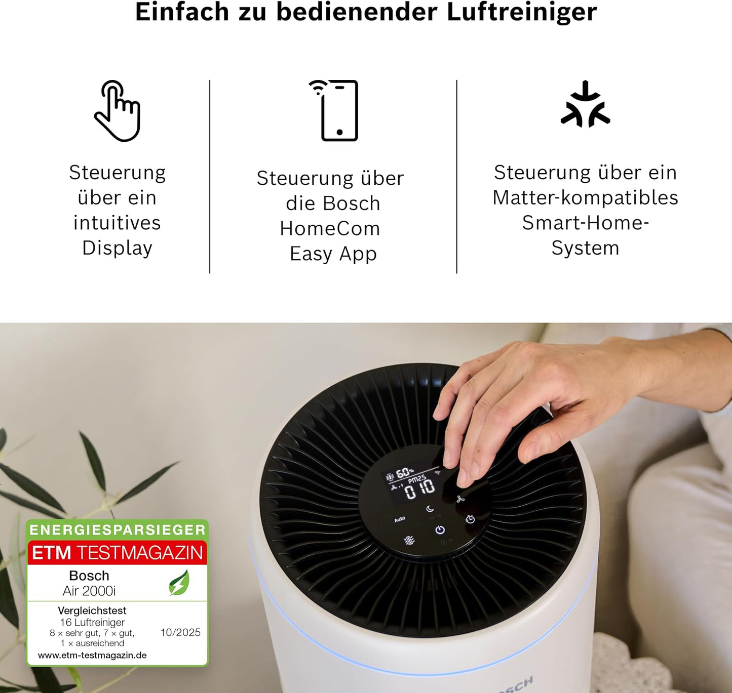 Bosch Air 2000i App-gesteuerter Luftreiniger - Für Räume bis zu 37,5 m² - Entfernt Schadstoffe - Mit 3-in-1 Luftfilter, Smart Sensor, Automatikmodus, Ruhemodus (< 25 dB(A)) - CADR: 180 m³/h