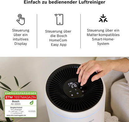 Bosch Air 2000i App-gesteuerter Luftreiniger - Für Räume bis zu 37,5 m² - Entfernt Schadstoffe - Mit 3-in-1 Luftfilter, Smart Sensor, Automatikmodus, Ruhemodus (< 25 dB(A)) - CADR: 180 m³/h
