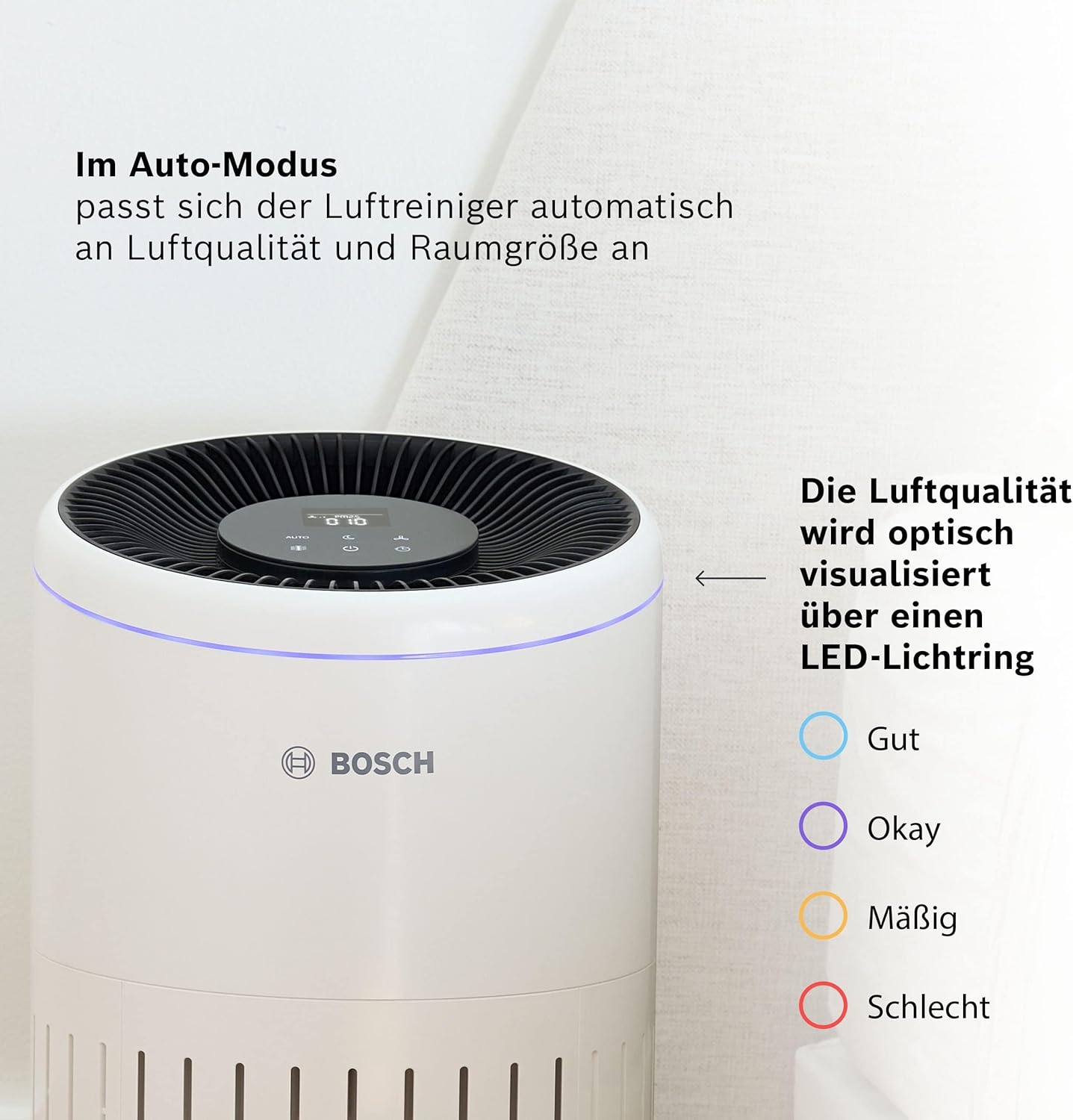Bosch Air 4000 Luftreiniger - Für Räume bis zu 62,5 m² - Entfernt effizient Schadstoffe - Mit 3-in-1 Luftfilter, Smart Sensor, Automatikmodus, Ruhemodus (< 25 dB(A)) - CADR: 300 m³/h