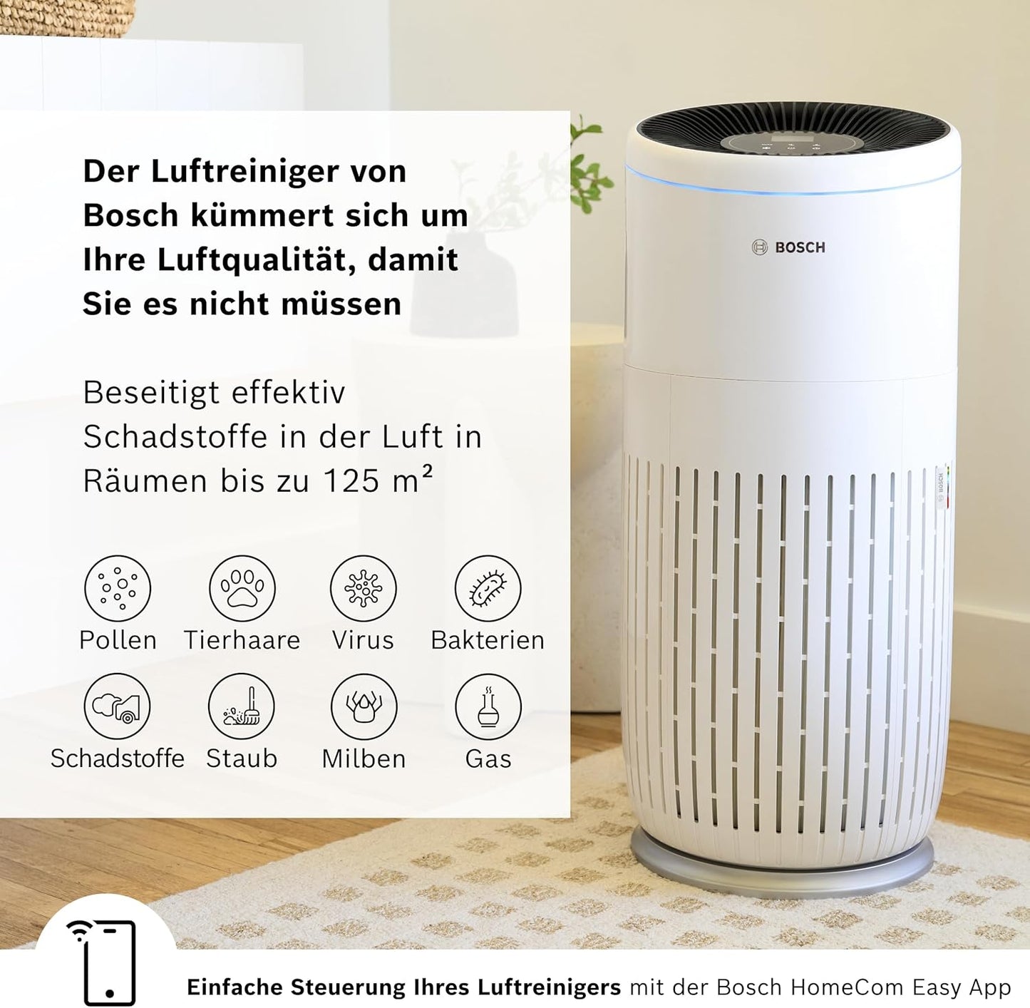 Bosch Air 6000i App-gesteuerter Luftreiniger - Für Räume bis zu 125 m² - Entfernt Schadstoffe - Mit 4-in-1 Luftfilter, Smart Sensor, Automatikmods, Ruhemodus (< 25 dB(A)) - CADR: 600 m³/h