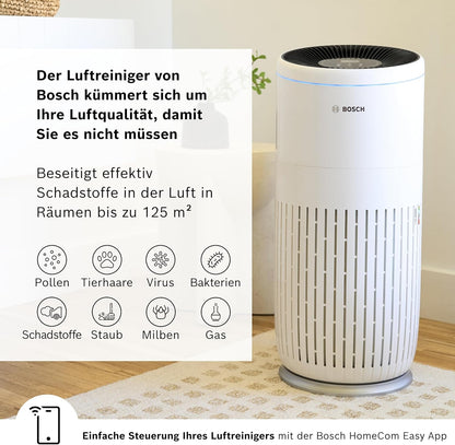 Bosch Air 6000i App-gesteuerter Luftreiniger - Für Räume bis zu 125 m² - Entfernt Schadstoffe - Mit 4-in-1 Luftfilter, Smart Sensor, Automatikmods, Ruhemodus (< 25 dB(A)) - CADR: 600 m³/h