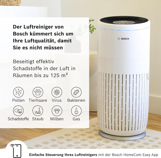 Bosch Air 6000i App-gesteuerter Luftreiniger - Für Räume bis zu 125 m² - Entfernt Schadstoffe - Mit 4-in-1 Luftfilter, Smart Sensor, Automatikmods, Ruhemodus (< 25 dB(A)) - CADR: 600 m³/h