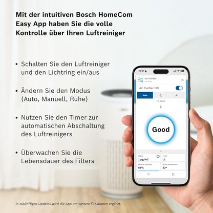 Bosch Air 6000i App-gesteuerter Luftreiniger - Für Räume bis zu 125 m² - Entfernt Schadstoffe - Mit 4-in-1 Luftfilter, Smart Sensor, Automatikmods, Ruhemodus (< 25 dB(A)) - CADR: 600 m³/h