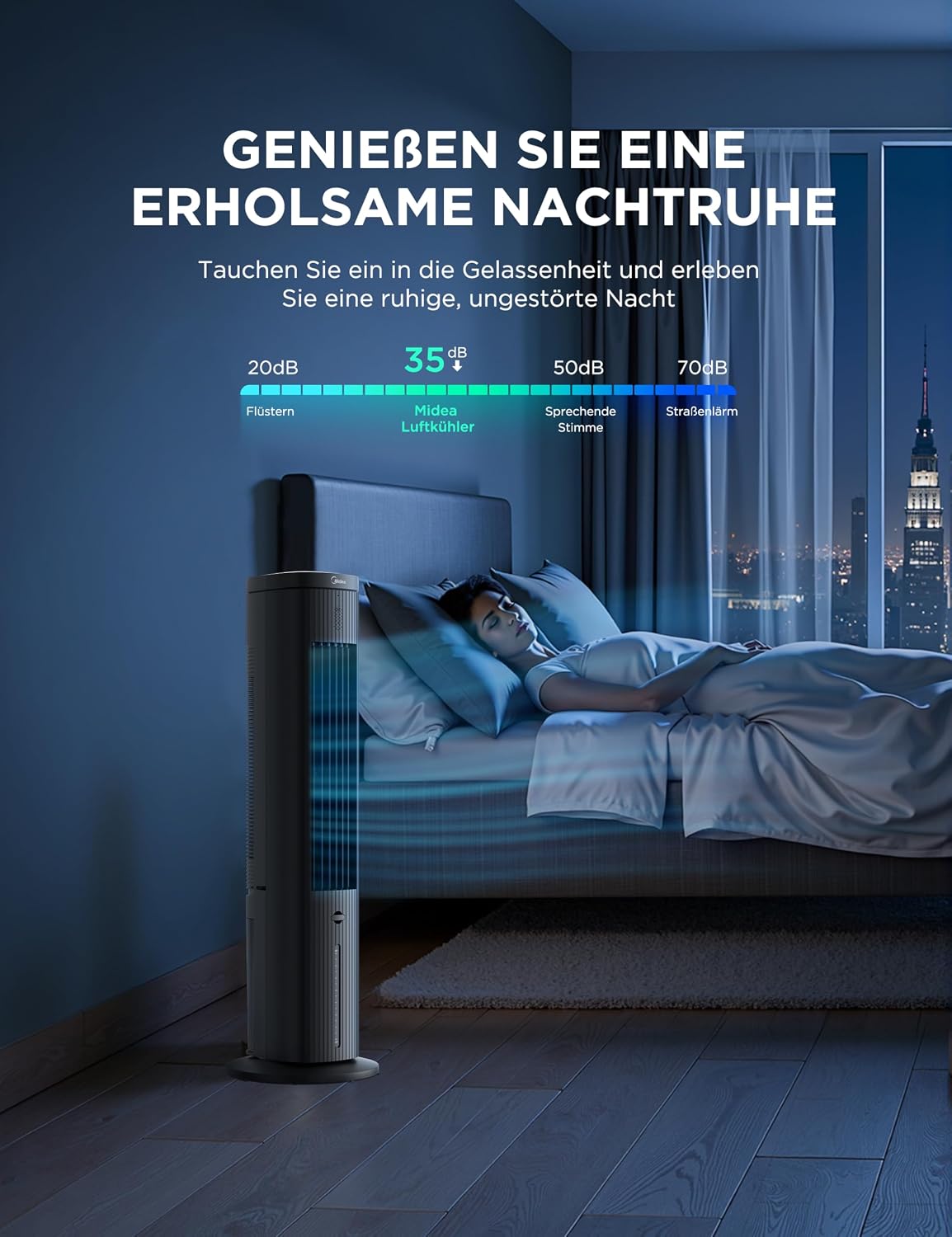 Midea Turmventilator mit 5L Wasserkühlung | Luftkühler mobil | Mobile Klimaanlage ohne Abluftschlauch | Verdunstungskühler, 3 Geschwindigkeitsstufen,75° Schwenkfunktion, 7h Timer, Leiser