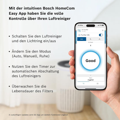 Bosch Air 4000i App-gesteuerter Luftreiniger - Für Räume bis zu 62,5 m² - Entfernt Schadstoffe - Mit 3-in-1 Luftfilter, Smart Sensor, Automatikmodus, Ruhemodus (< 25 dB(A)) - CADR: 300 m³/h