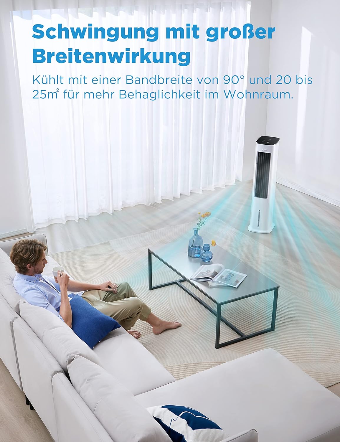 Midea Silent Air Cooler Pro 4-in-1 Mobile Klimaanlage Leiser:Luftkühler,Turmgebläse,Luftbefeuchter und Luftreiniger,mit Fernbedienung,5L Wassertank,355m³/h Luftdurchsatz,55W,LED-Display,Timer,Weiß