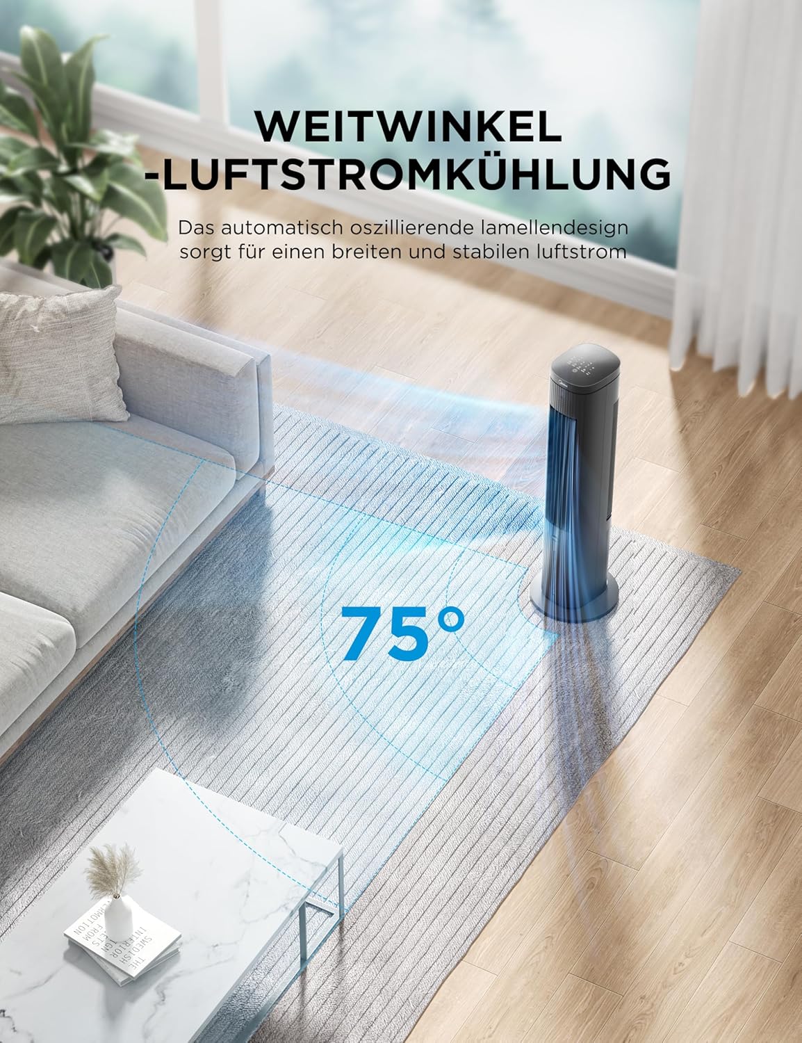 Midea Turmventilator mit 5L Wasserkühlung | Luftkühler mobil | Mobile Klimaanlage ohne Abluftschlauch | Verdunstungskühler, 3 Geschwindigkeitsstufen,75° Schwenkfunktion, 7h Timer, Leiser